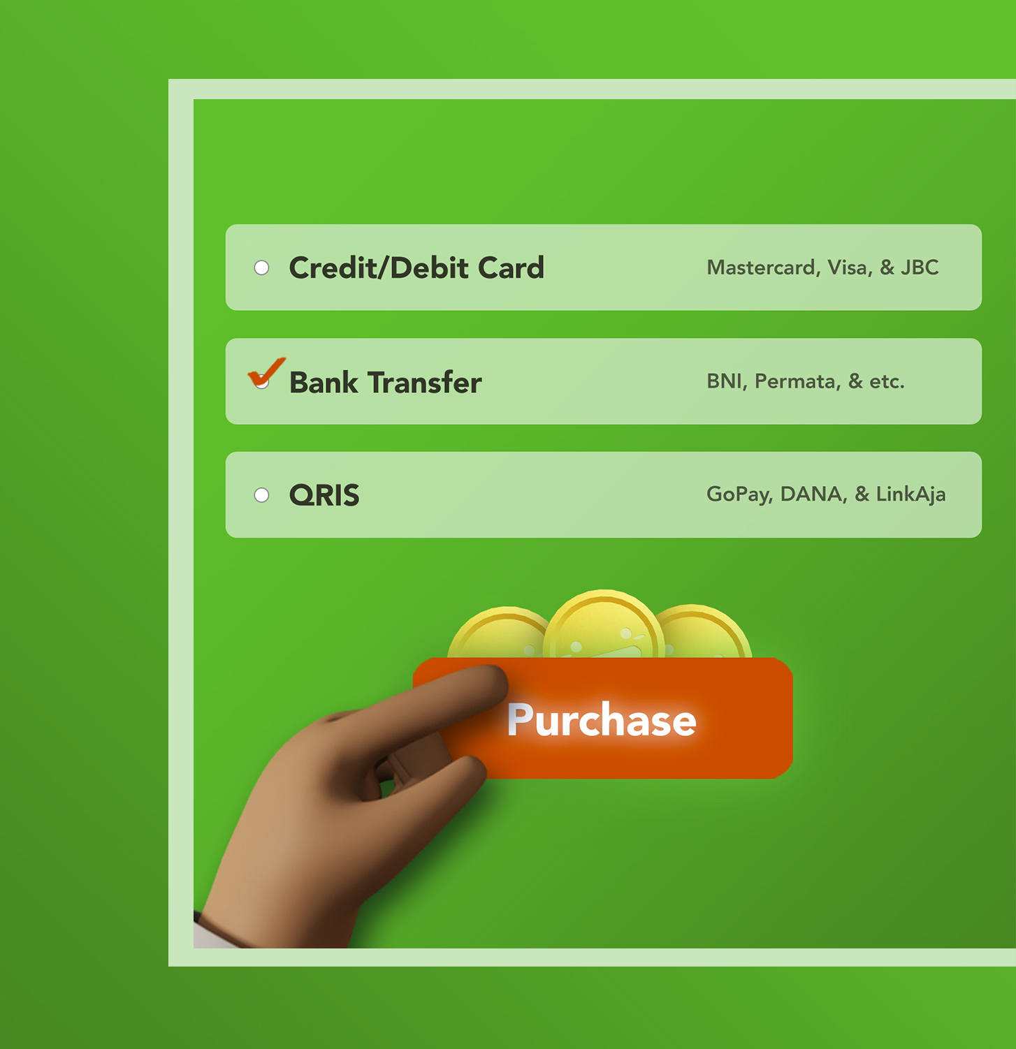 Top up your coins with different payment methods.